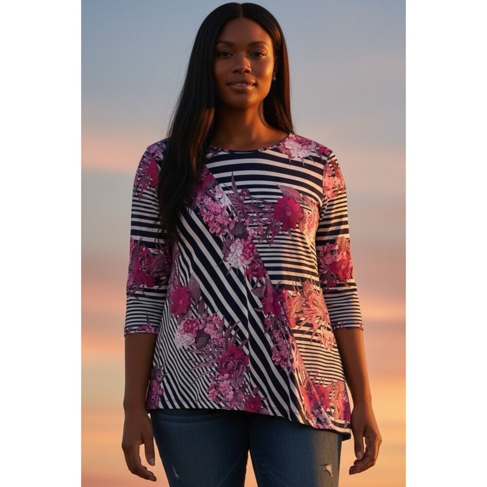 Christopher & Banks Women’s Size 1X Pink Multi Floral Abstract Asymmetrical Top